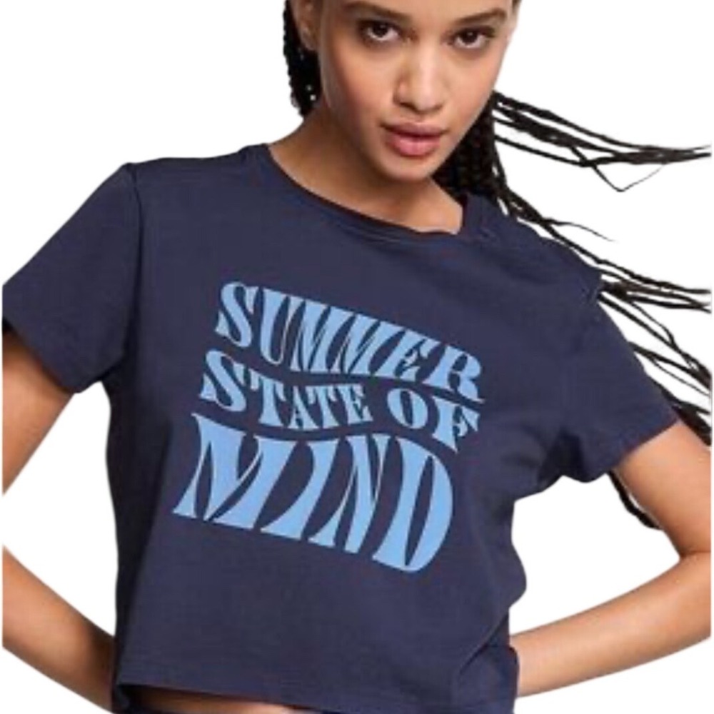 Pink Victoria's Secret Graphic Crop Top Large Blue Summer State of Mind Tee